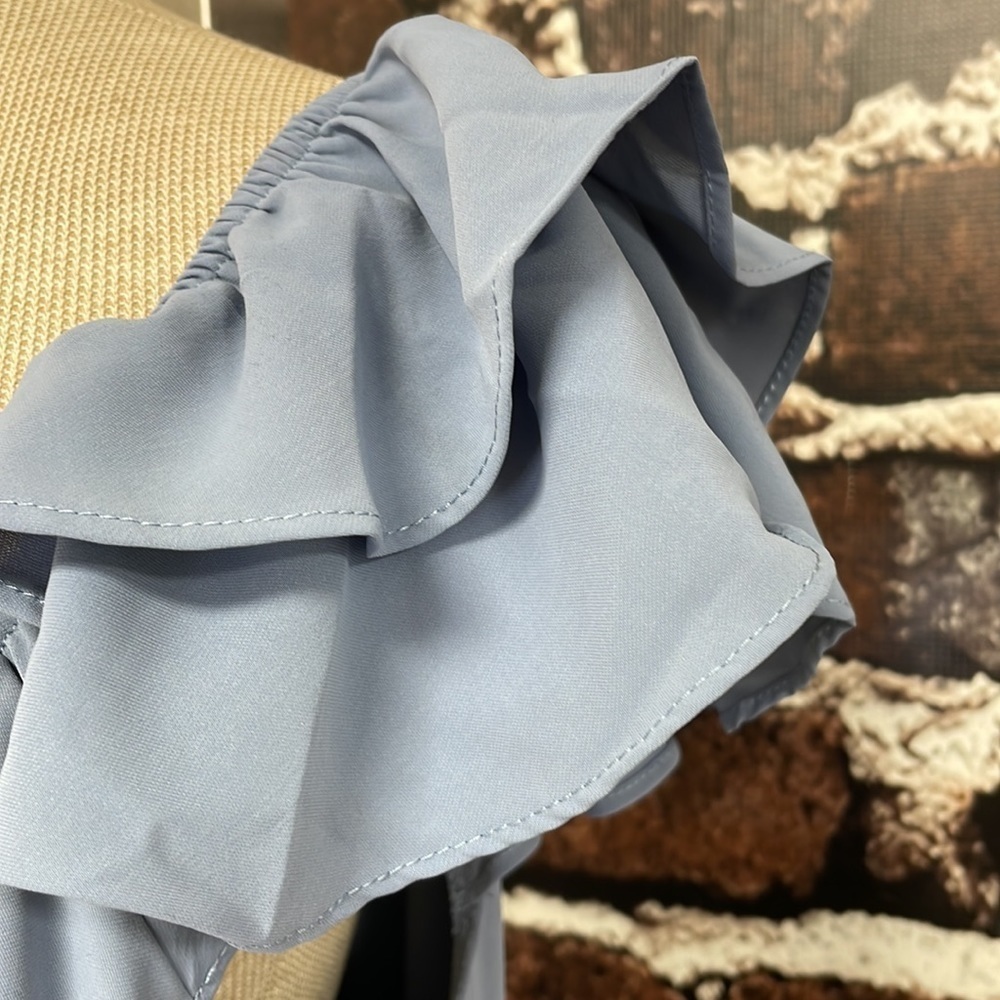 Mint Choco Blue Ruffle Sleeve V-Neck Mini Dress NWT Open Back Size Large L - Picture 10 of 17